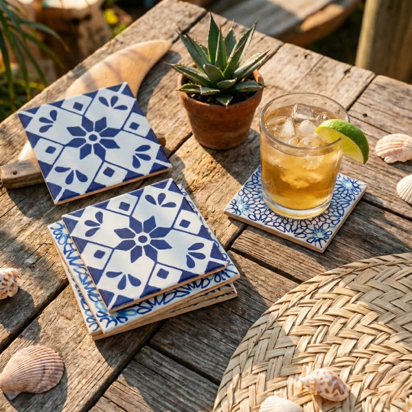 Coasters with blue floral patterns on a wooden table with a drink and plant.